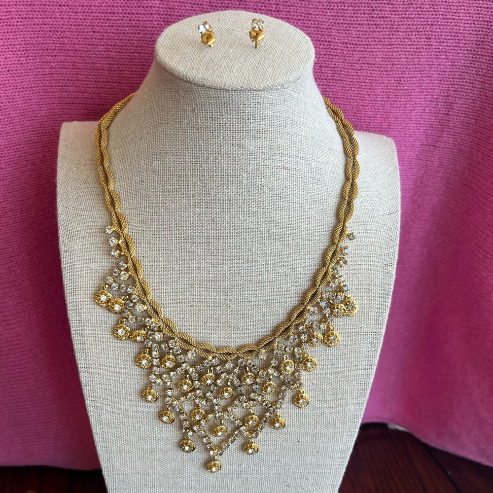 Rhinestone and Gold Tone Reversible Bib Necklace and Matching Earrings.
